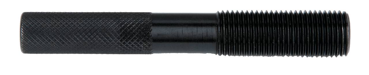 Un cilindro nero di metallo, metà con zigrinatura per impugnatura, metà con filettatura, probabilmente un elemento di fissaggio o di assemblaggio.