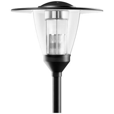 Una moderna lampione stradale con un involucro di vetro conico trasparente e base nera. Adatto per illuminazione esterna.