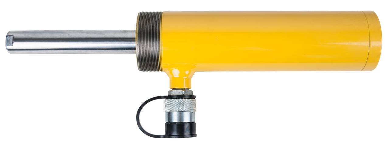 Un cilindro idraulico giallo con un pistone argentato, orientato orizzontalmente, su sfondo bianco.