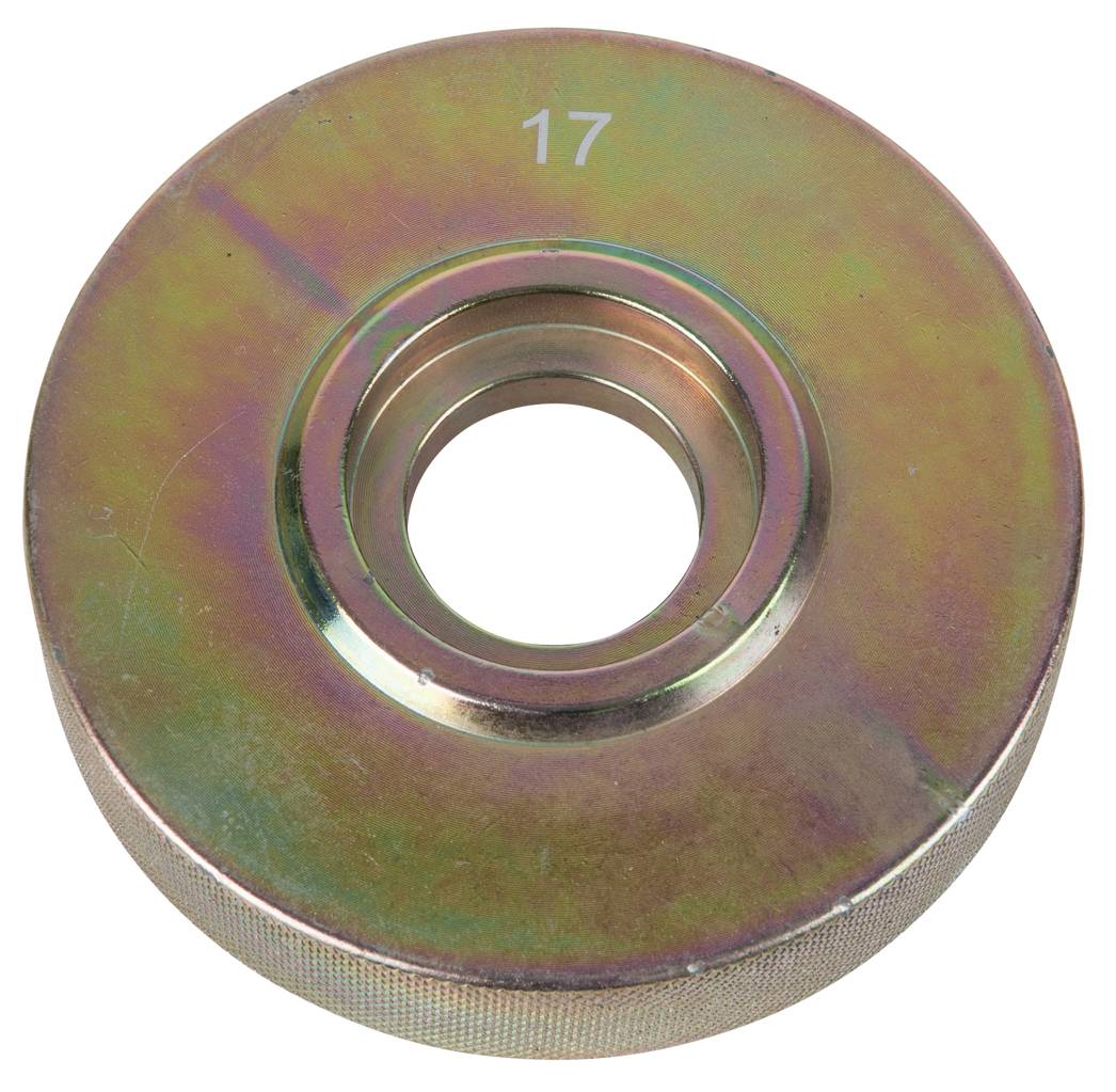 Peso rotondo in metallo con incisione '17', foro centrale e superficie iridescente.