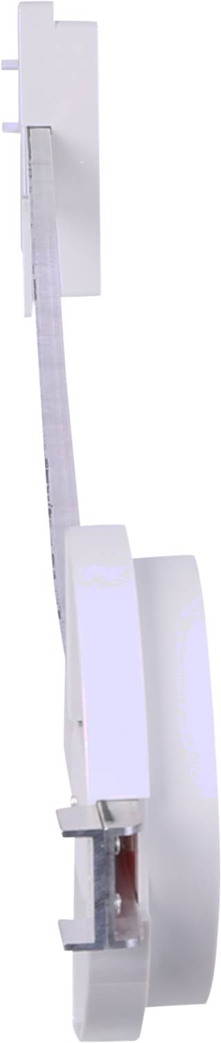 Un dispositivo murale bianco, allungato, con un braccio metallico curvo e una superficie liscia e arrotondata è raffigurato.
