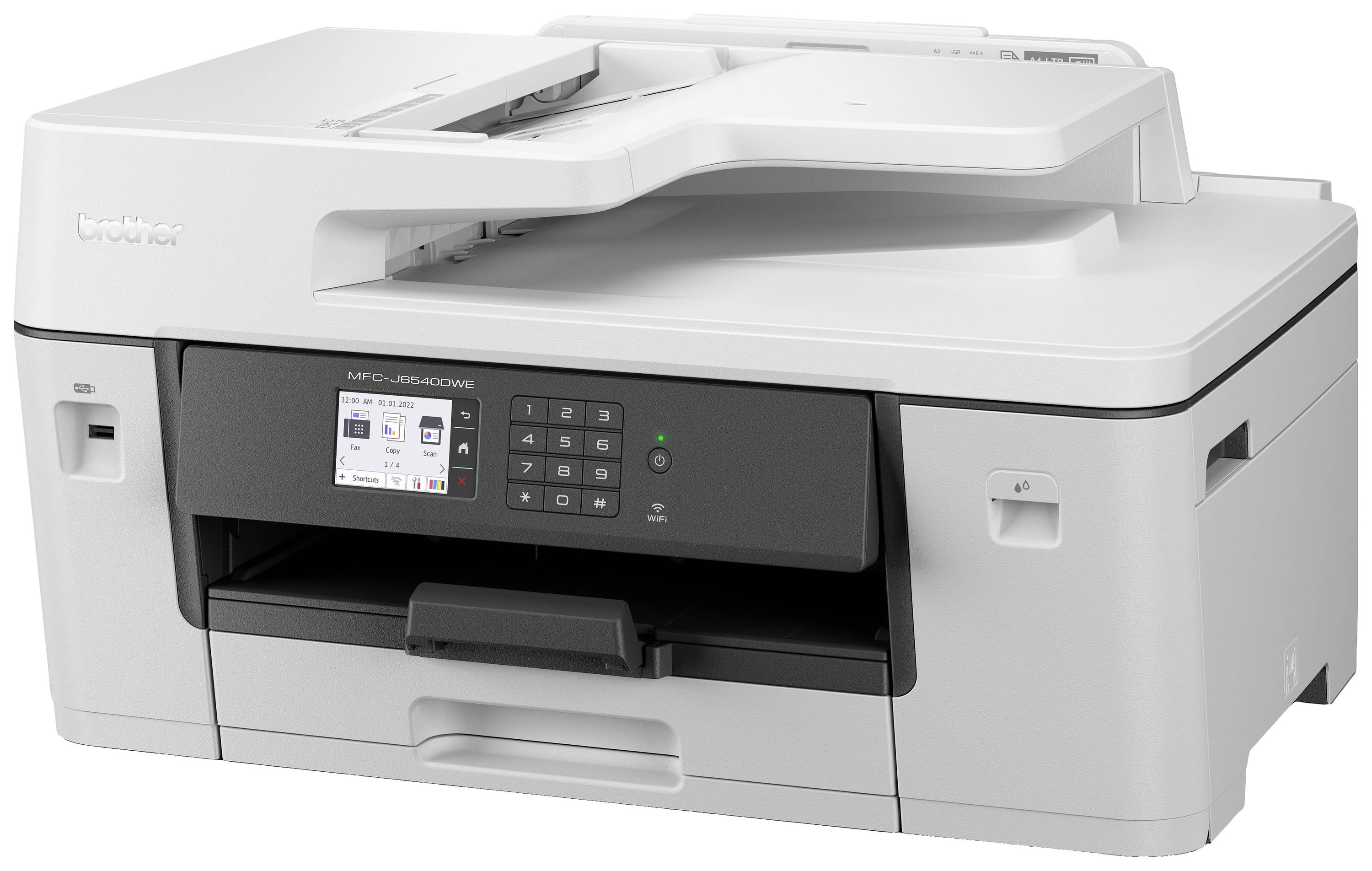 Una stampante multifunzione bianca con display e pannello di controllo sulla parte anteriore, idonea per stampare, scansionare e copiare.