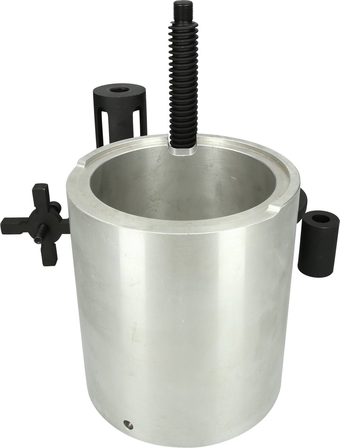 Cilindro metallico con perno filettato e supporti laterali.