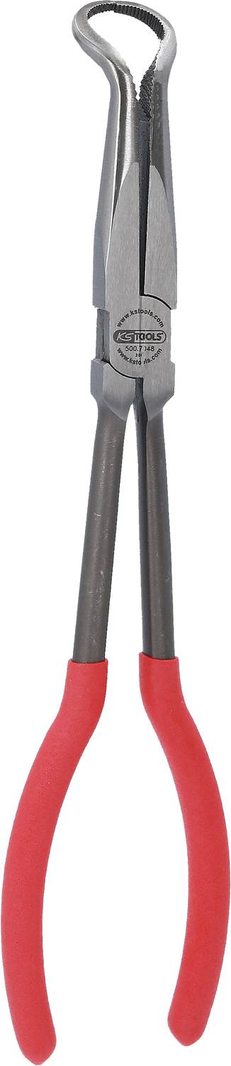 Pinza a becchi lunghi con impugnature rosse. Adatta per raggiungere punti difficili da afferrare, ideale per la presa di fili o piccoli oggetti.