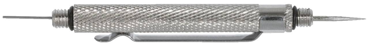 Un perno metallico argentato, cilindrico, con superficie scanalata e due estremità appuntite, posto orizzontalmente.