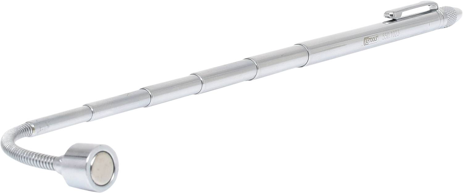 'Asta telescopica magnetica con testa curva e clip, ideale per raccogliere oggetti metallici in punti difficilmente raggiungibili.'