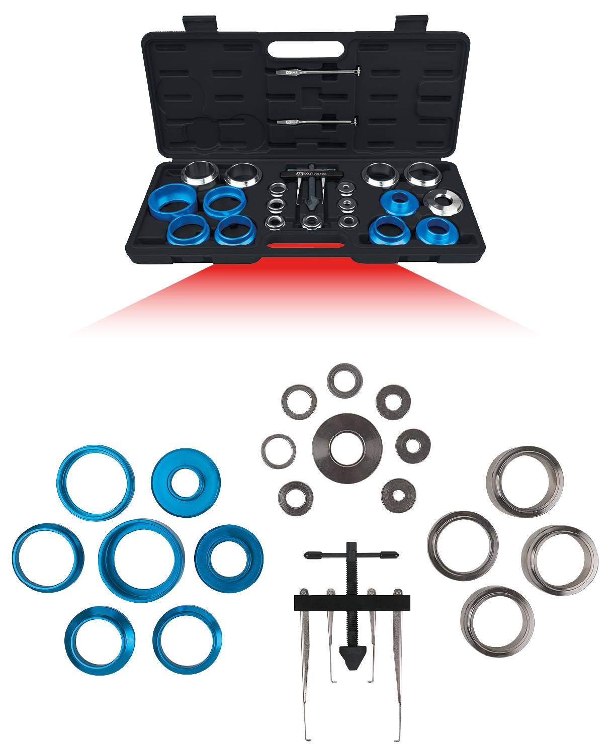 Set di utensili in custodia nera con anelli blu e particolari in metallo. Ideale per estrattori di cuscinetti o applicazioni simili.