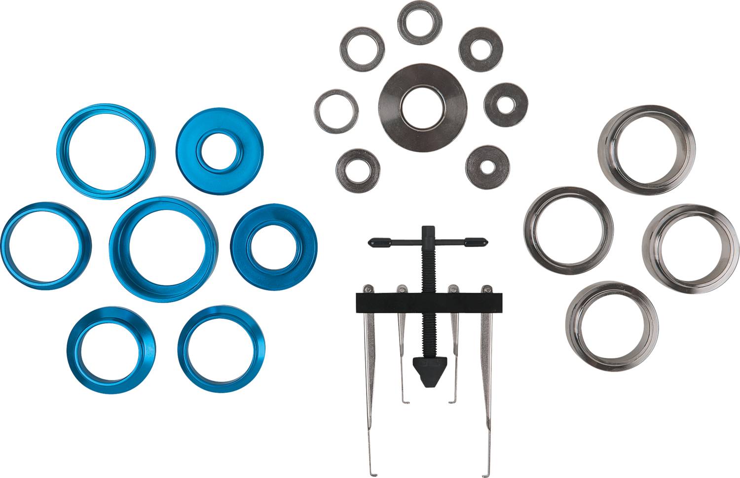 Diverse dimensioni di anelli metallici blu e argentati, con un estrattore nero al centro.