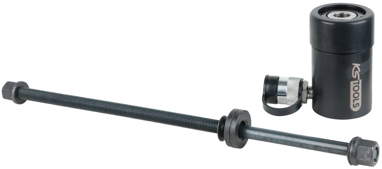 Uno strumento idraulico di KS Tools con un'asta filettata lunga e un cilindro applicativo, idoneo per l'estrazione di cuscinetti.