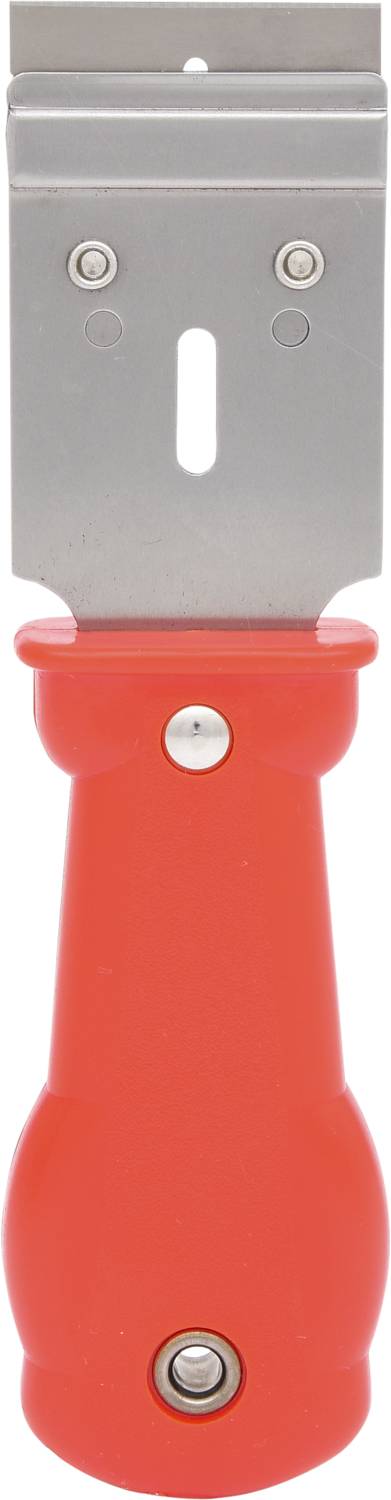 Raschietto rosso in vetro con lama larga e rettangolare e impugnatura ergonomica. Ideale per rimuovere adesivi o vernice da superfici vetrate.