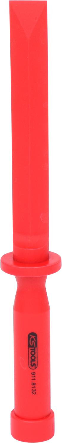 Pugnale di sicurezza in plastica rossa, rettangolare, con impugnatura circolare.
