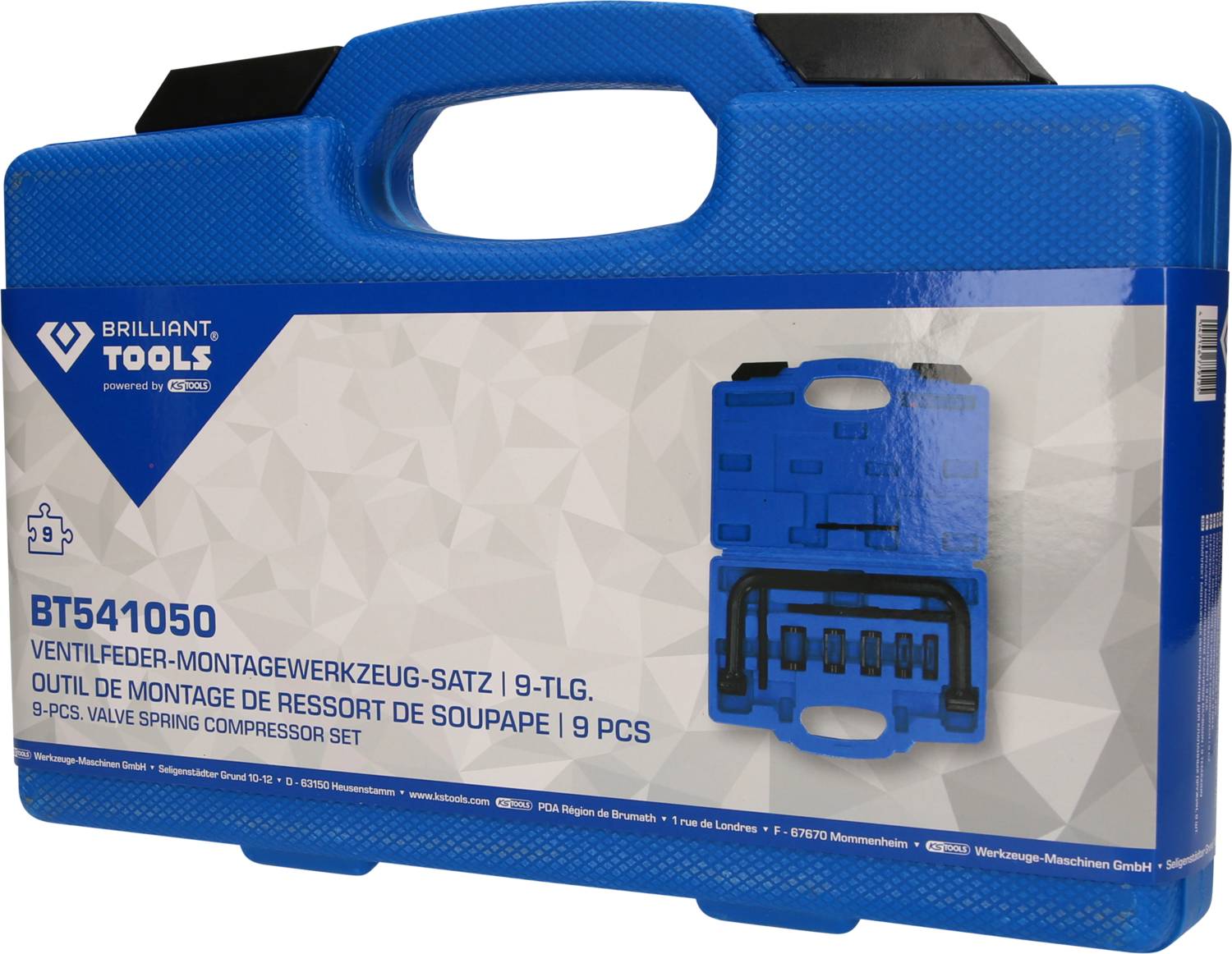 Valigia portatile blu con 9 utensili per il montaggio di molle valvole del marchio Brilliant Tools, modello BT541050.