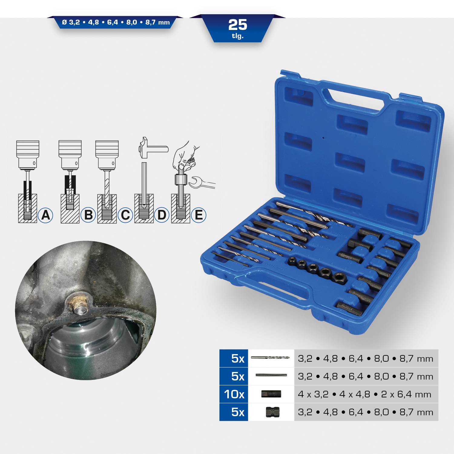 Custodia blu in plastica con 25 punte da trapano e accessori sul lato destro. Istruzioni al centro mostrano l'utilizzo delle punte.
