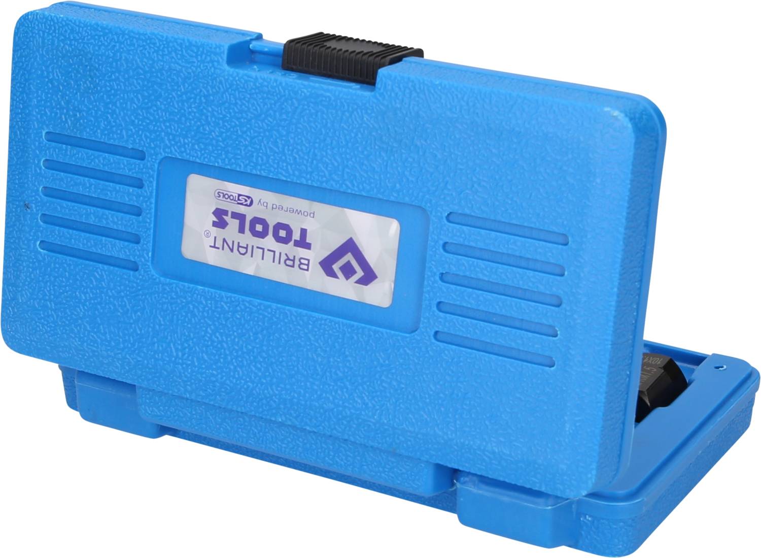 Valigetta degli attrezzi blu chiusa, realizzata in plastica, con il logo 'BRILLIANT TOOLS'.