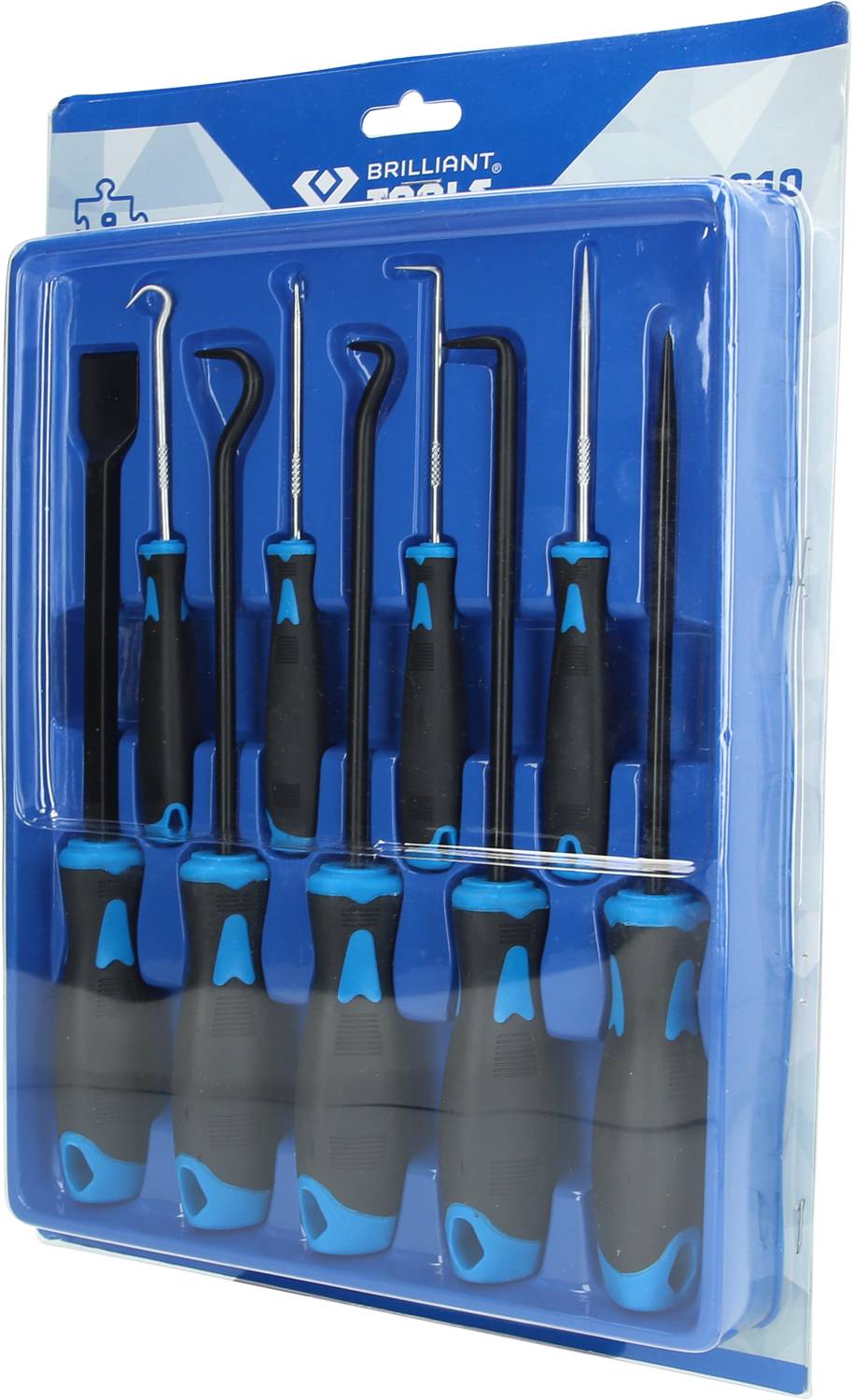 Un set di otto cacciaviti e ganci con impugnature nere e accenti blu in una confezione blister.