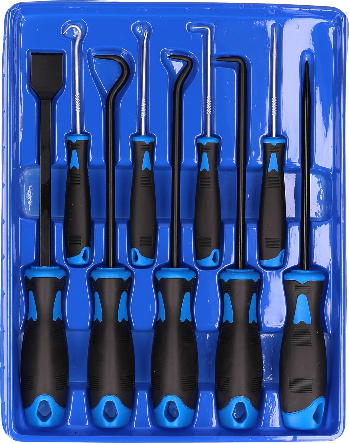 Un set di nove strumenti blu e neri in un supporto di plastica blu, che comprende cacciaviti e uncini di varie dimensioni.