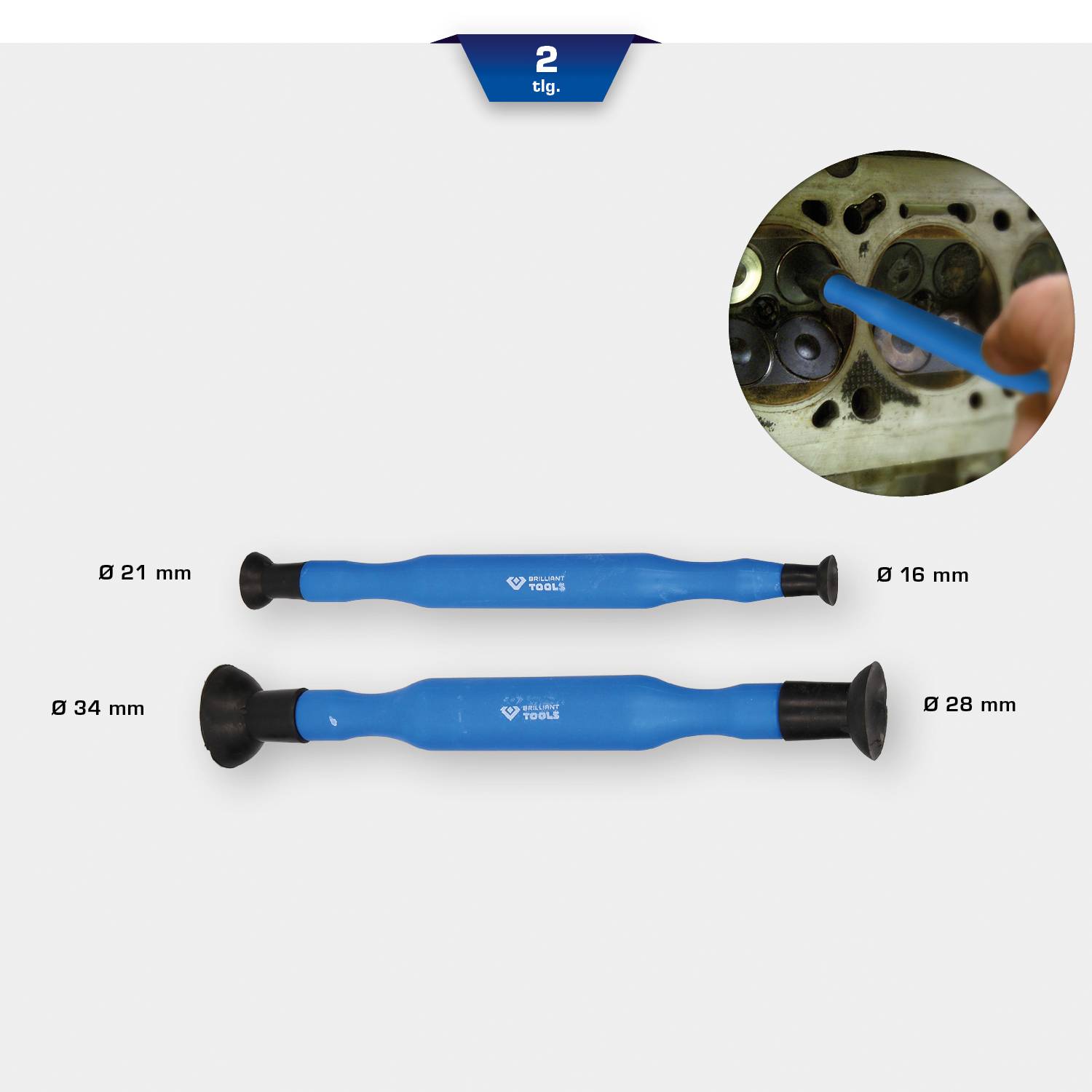 Due utensili blu con impugnature in gomma; diametro: 21 mm, 34 mm, 28 mm, 16 mm. La vista dettagliata mostra l'applicazione su una superficie metallica.