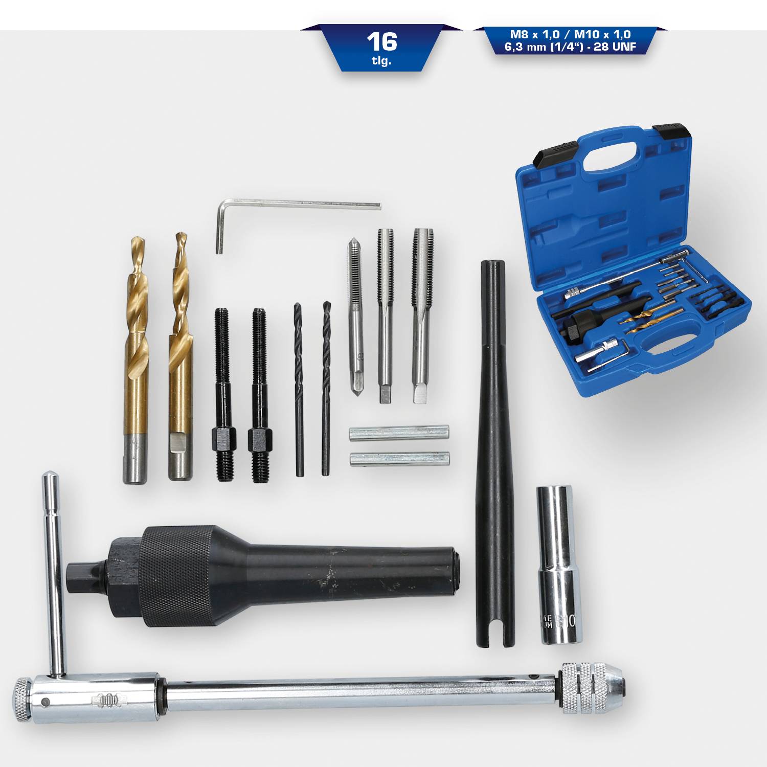Set di utensili per la riparazione di filettature con diversi punte, maschi per filettare e leve. Valigetta blu per la conservazione.