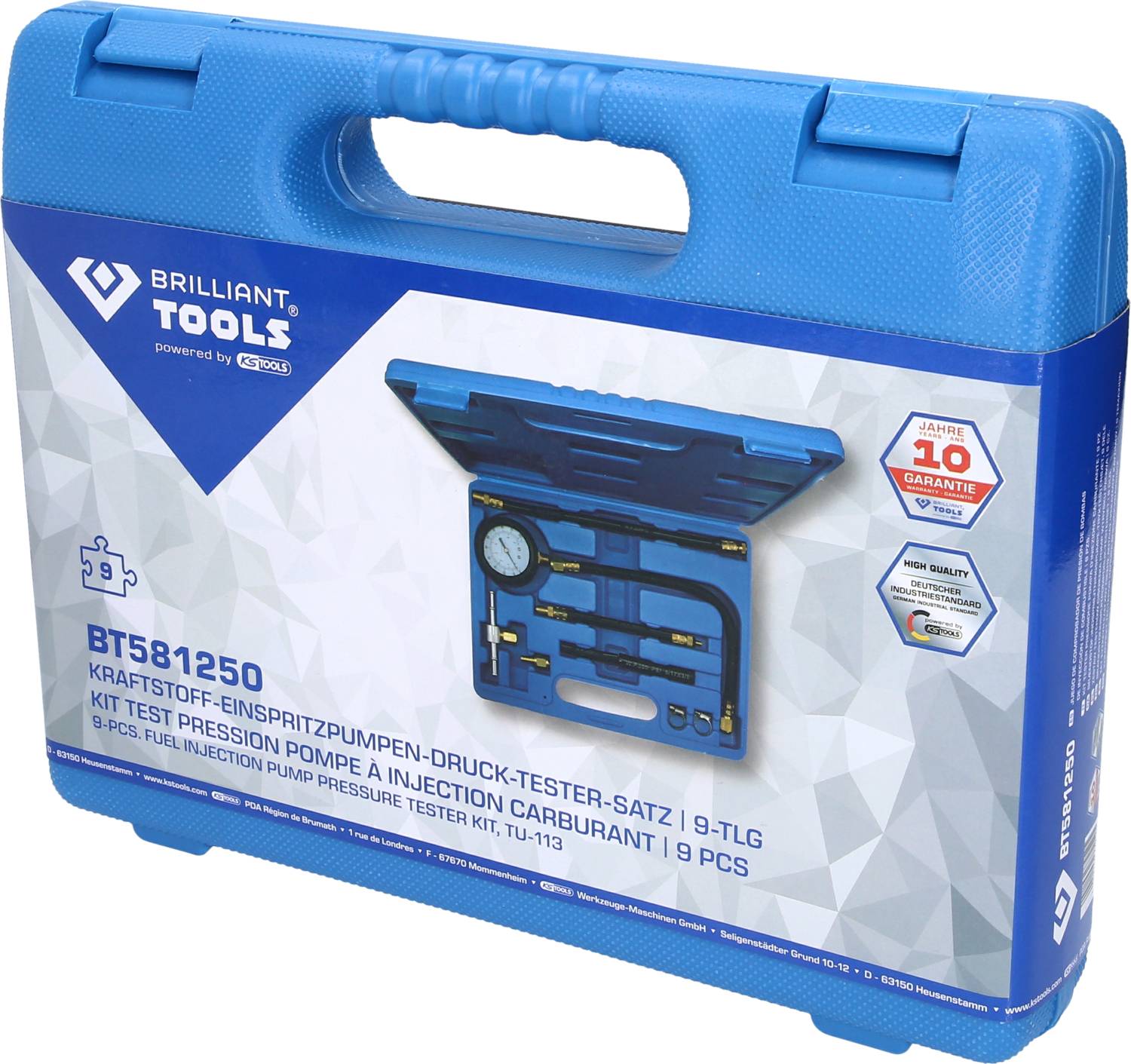 Un valigetta degli attrezzi blu del marchio Brilliant Tools, modello BT581250. Contiene un set di test per la pressione delle pompe di iniezione del carburante composto da 9 pezzi.