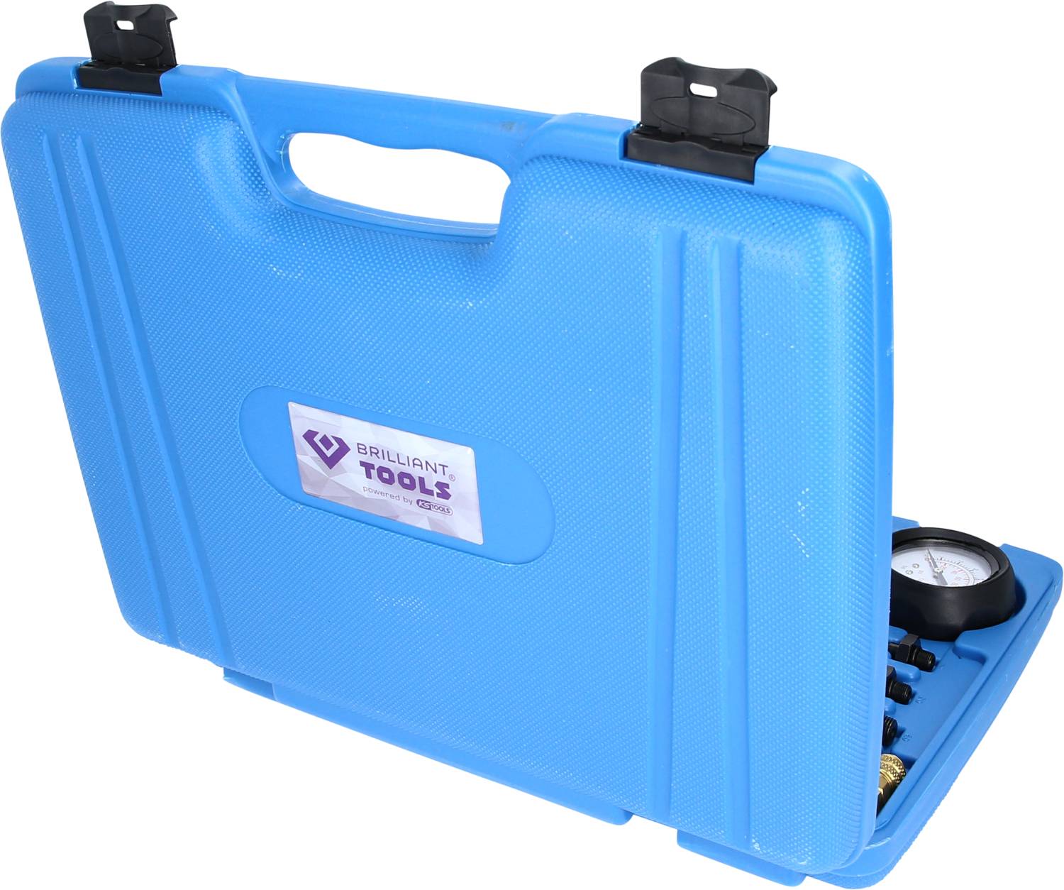 Una valigetta blu in plastica con manico, parzialmente aperta, mostra un manometro e parti di accessori. Adesivo 'Brilliant Tools'.