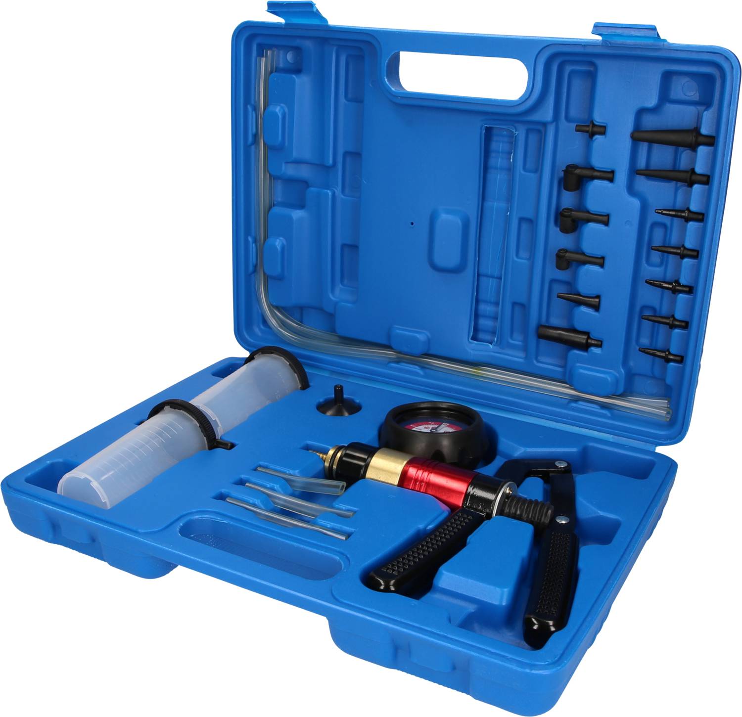Una valigetta blu in plastica contiene una pompa a vuoto manuale con accessori, tra cui tubi e adattatori per diversi usi.