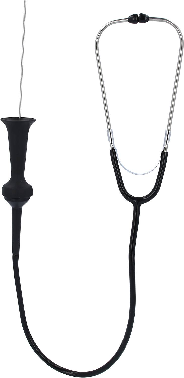 Un fonendoscopio nero in metallo e plastica, con due auricolari e una campana per l'auscultazione dei suoni cardiaci e respiratori.