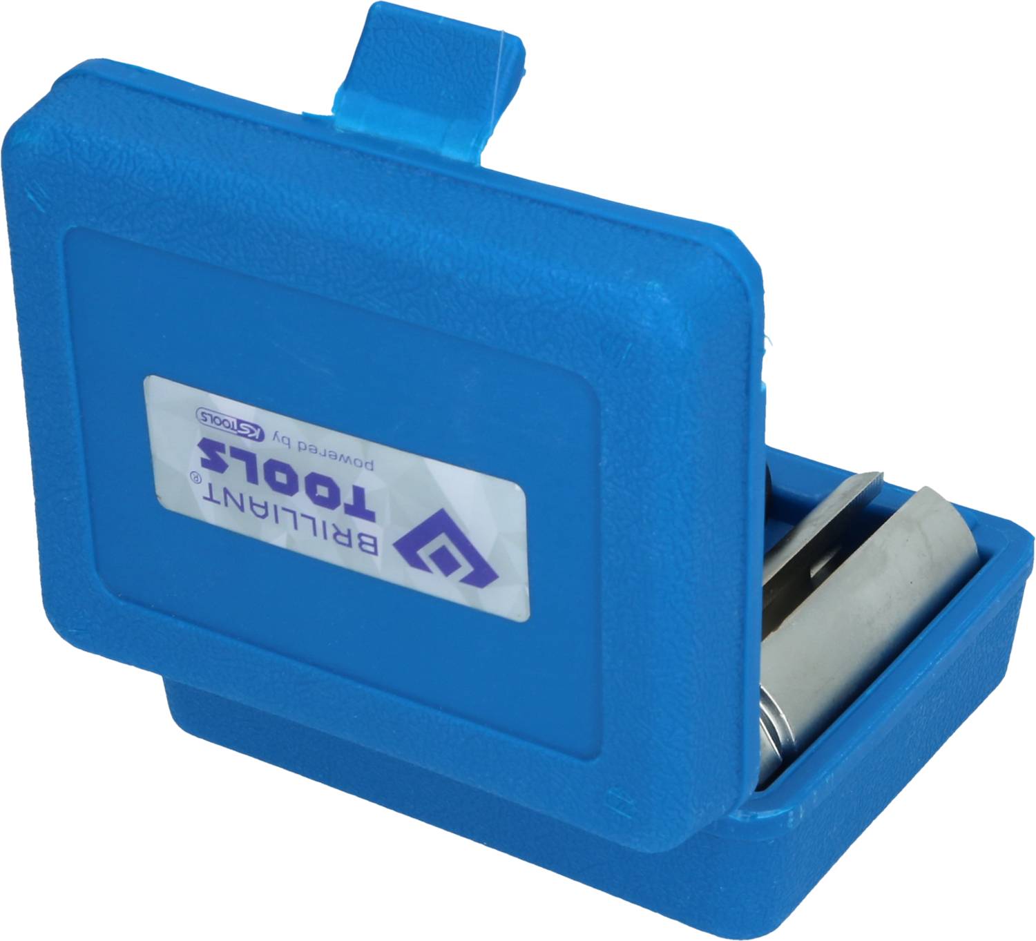 Una piccola scatola di stoccaggio blu in plastica, aperta con un utensile argentato all'interno. Sulla scatola è scritto 'Brilliant Tools'.