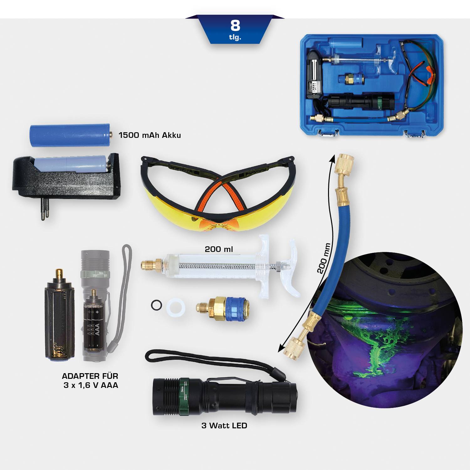 Un set per cercatori di perdite con lampada tascabile UV, occhiali protettivi, siringa, adattatore, batteria, caricabatterie e additivo fluorescente.