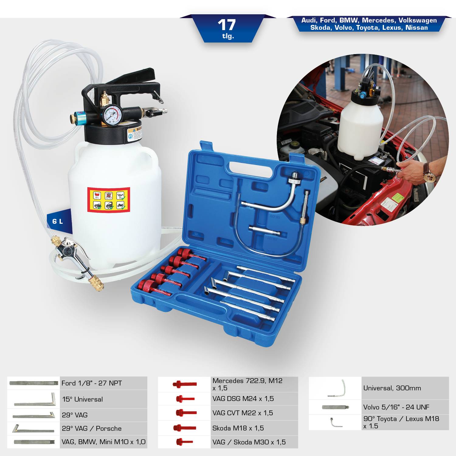 Dispositivo pneumatico per lo spurgo dei freni con accessori e valigetta. Adatto per Audi, Ford, BMW, Mercedes e altri. Capacità: 6L.