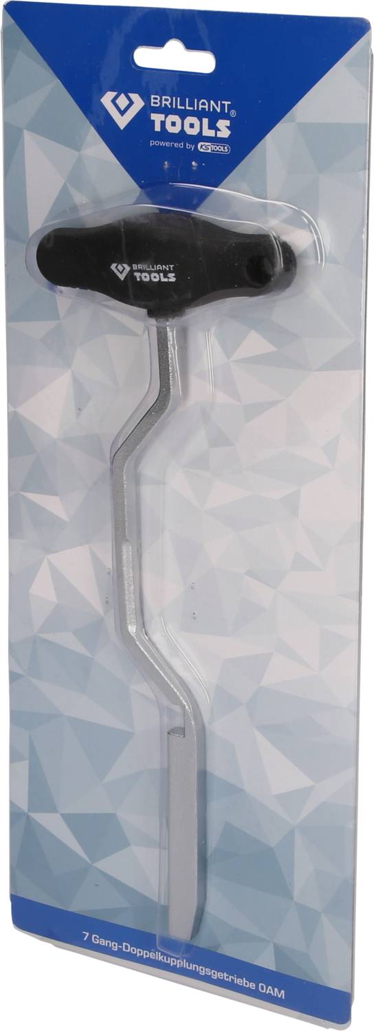 Chiave a doppio snodo 'Brilliant Tools' a 7 gradi con impugnatura nera. Utensile presentato su sfondo azzurro chiaro.