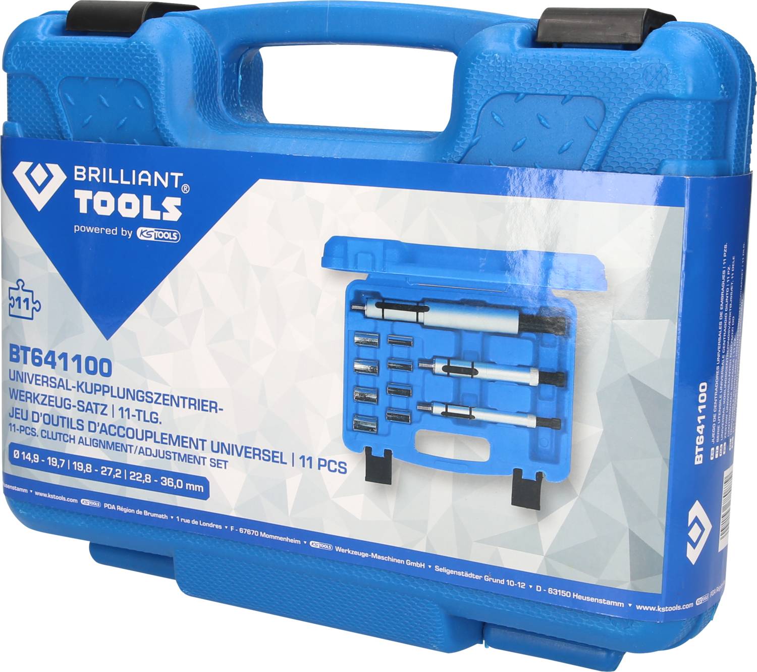 Valigetta degli attrezzi blu con scritta 'BRILLIANT TOOLS'. Contiene un set di strumenti universale per centraggio frizione, composto da 11 pezzi.