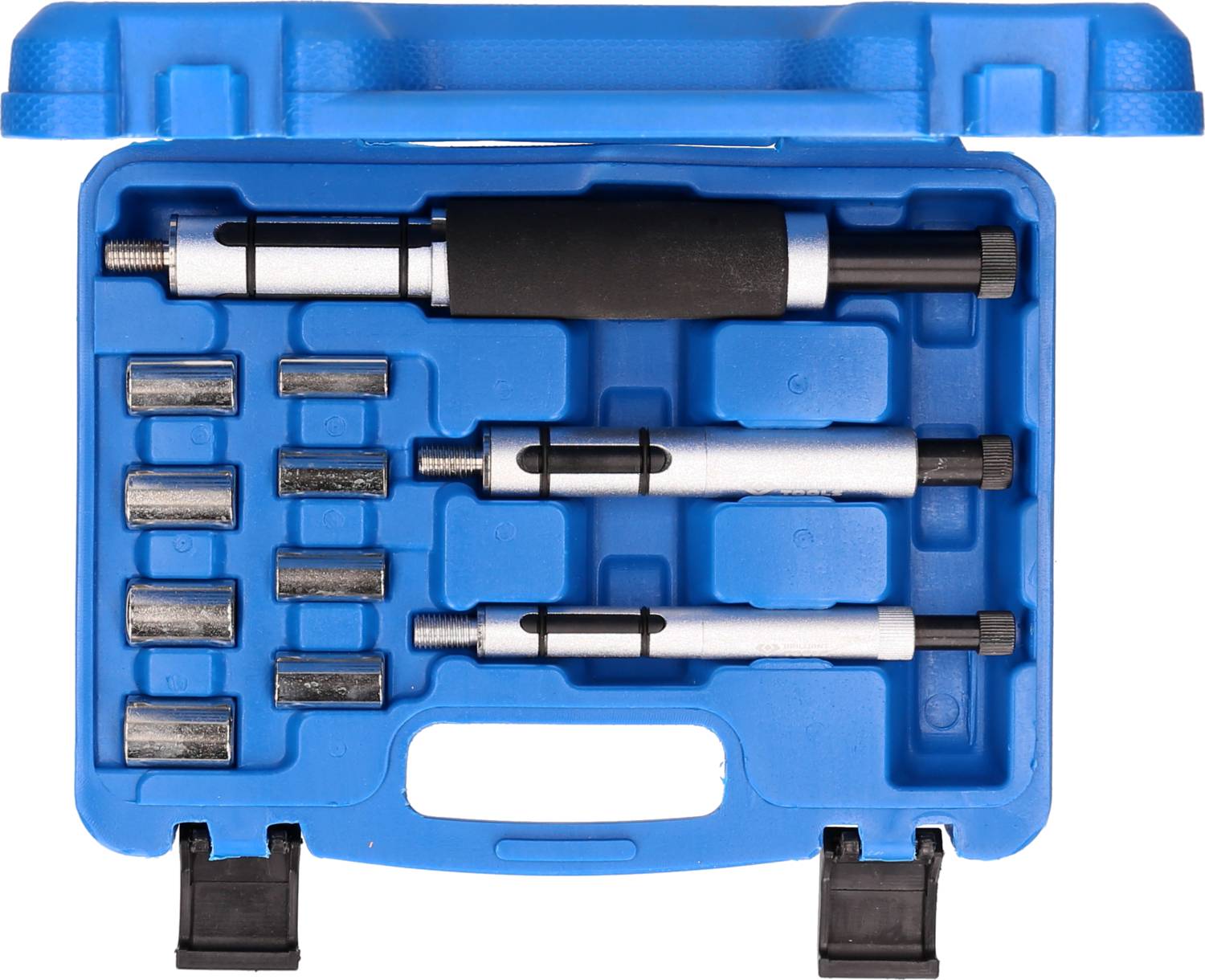 Valigetta blu in plastica per attrezzi di riparazione auto: Tre strumenti argentati con impugnature nere e accessori. Adatta per lavori di manutenzione.