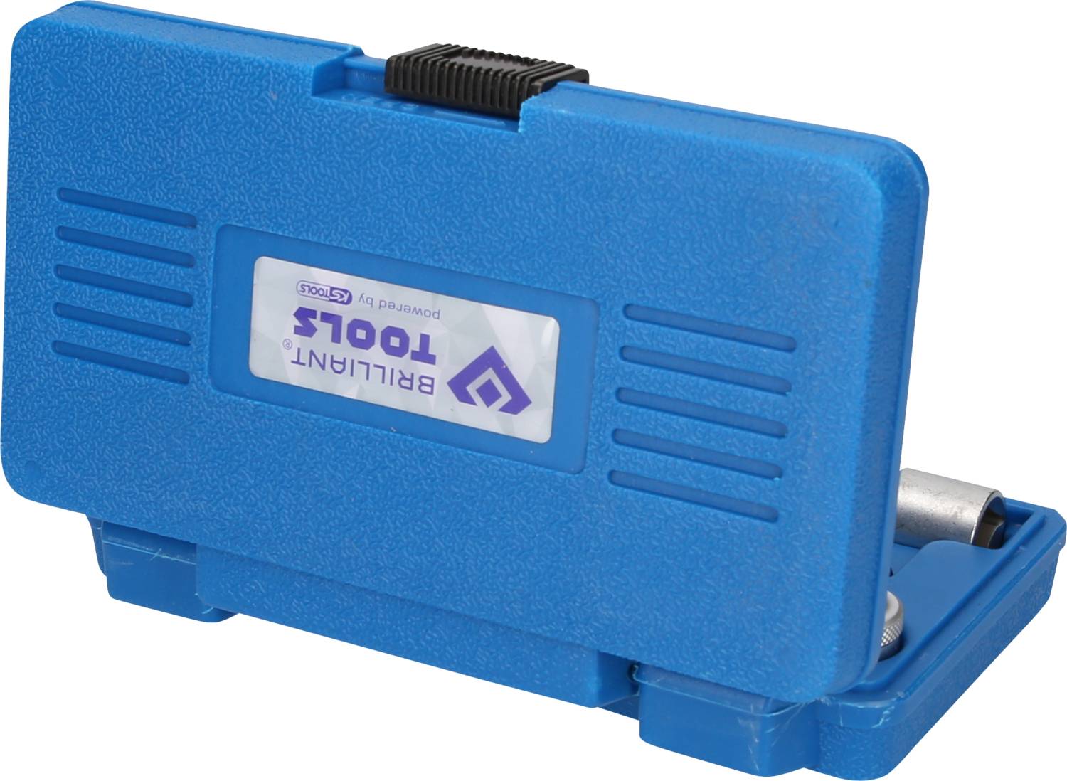 Valigetta porta attrezzi blu con manico, contenente utensili, contrassegnata con 'BRILLIANT TOOLS'.