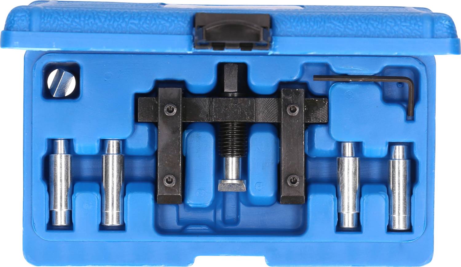 Un set di valigetta degli attrezzi blu con vari componenti metallici, inclusi un estrattore, viti e una chiave esagonale.