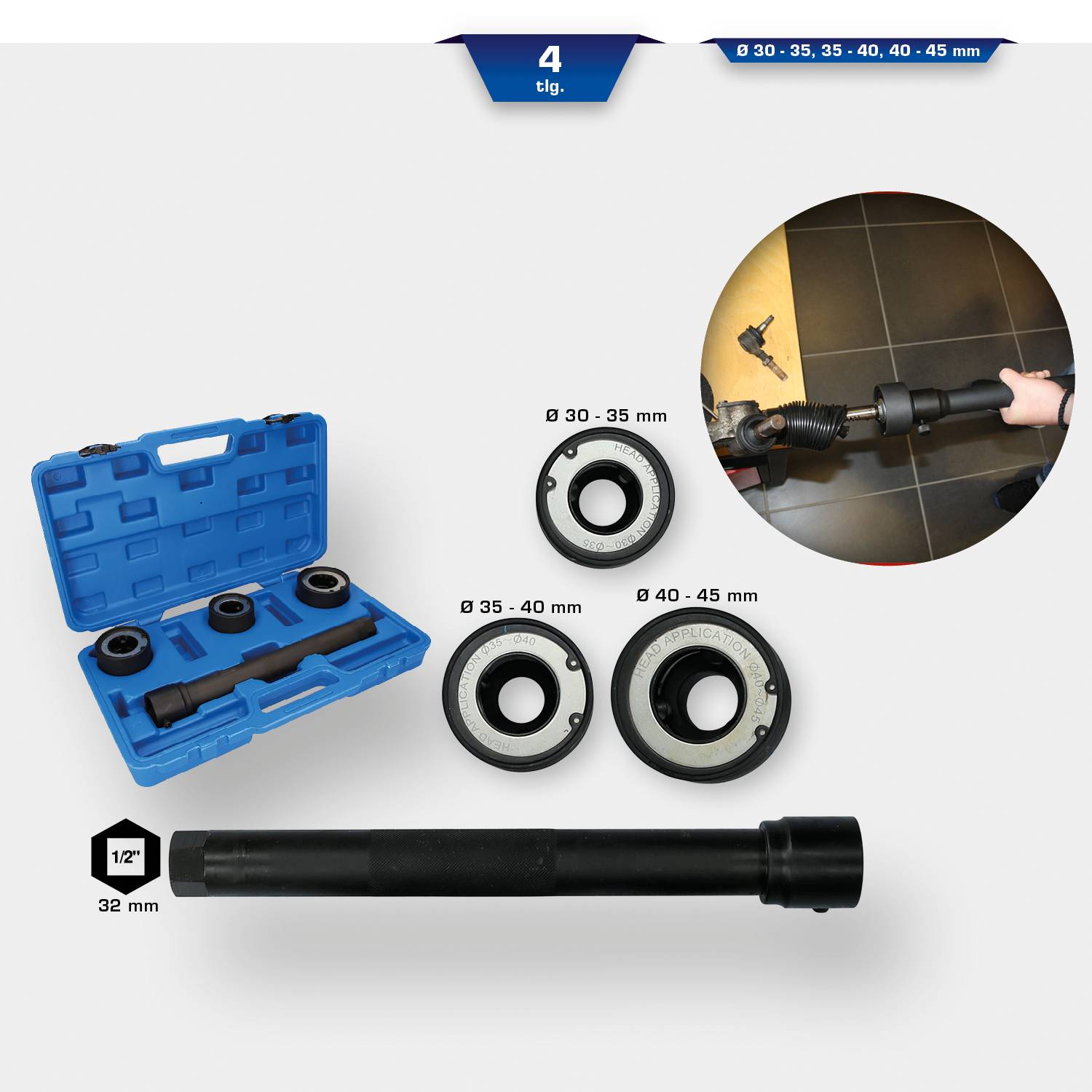 'Set di 4 estrattori in custodia blu. Diverse dimensioni: 30–35 mm, 35–40 mm, 40–45 mm, incluso utilizzo manuale.'