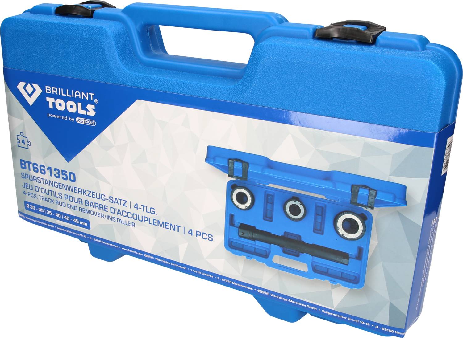 Valigetta degli attrezzi blu con la scritta 'Brilliant Tools' e 'Set di utensili per barre di tracciatura 4 pezzi'. Contiene inserti.