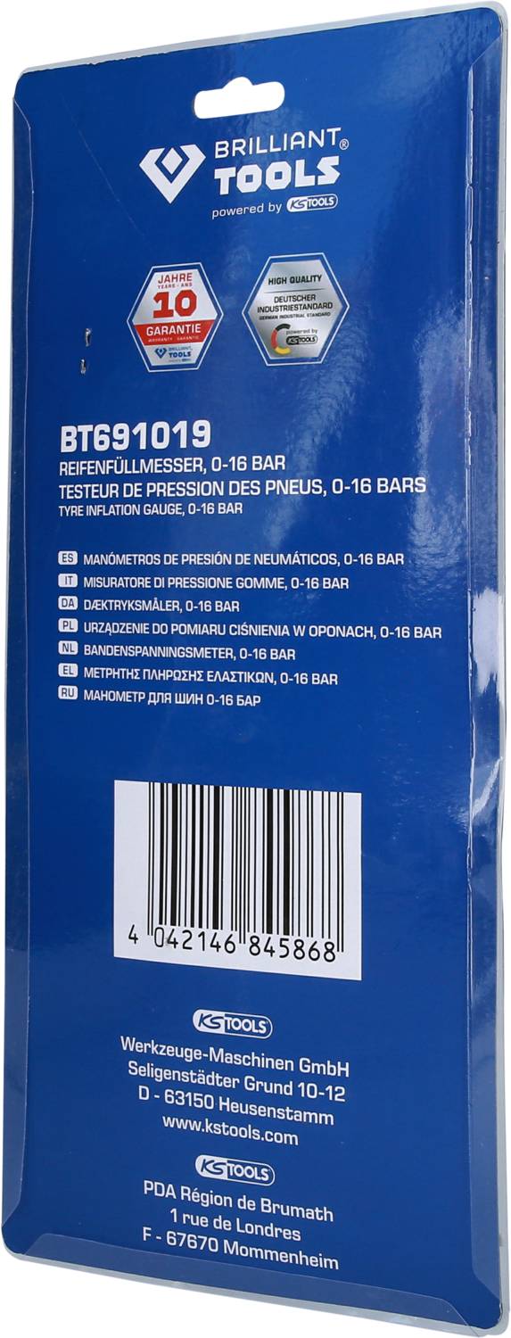 Confezione di un misuratore di pressione pneumatici, che mostra informazioni sul prodotto e logo del marchio su sfondo blu. Codice a barre in basso.