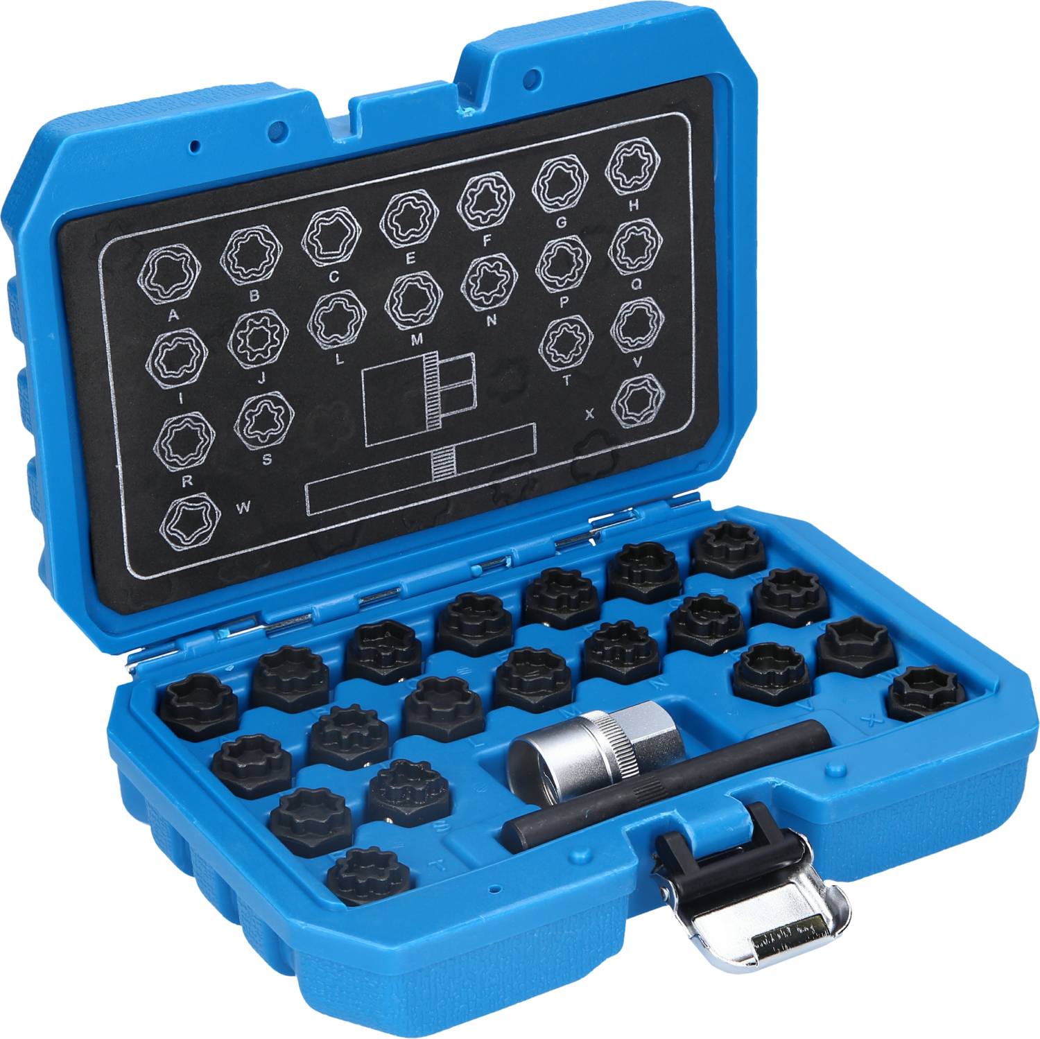 Custodia blu aperta contenente 25 cacciaviti di diverse forme e dimensioni, con relativo supporto.