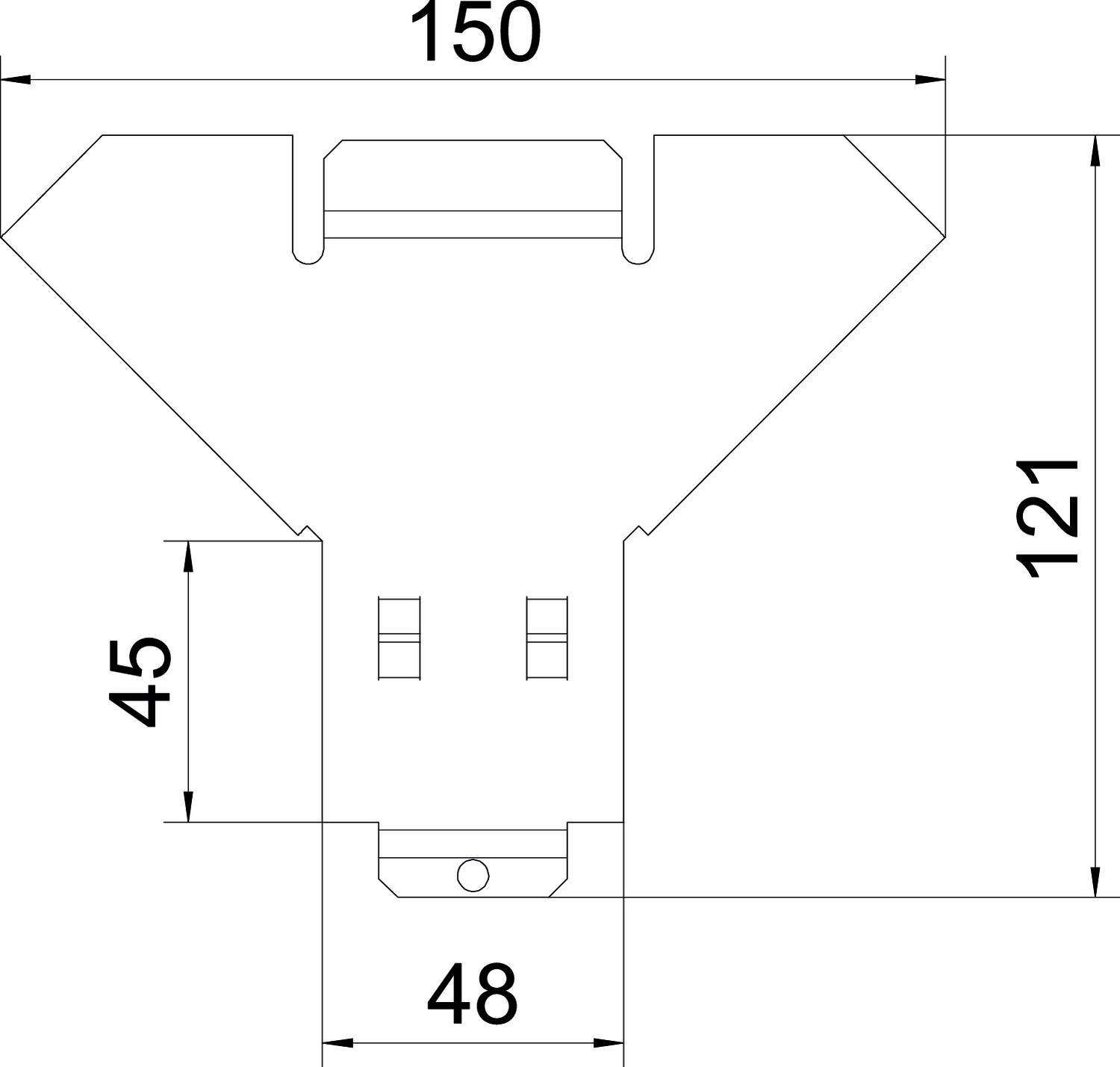 Disegno tecnico con dimensioni: Larghezza 150, Altezza 121, Profondità 45 e Larghezza inferiore 48. Contiene sezioni rettangolari e trapezoidali.