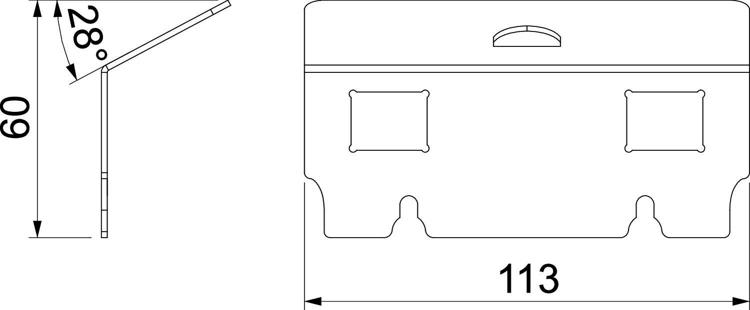 Disegno tecnico di un oggetto rettangolare con dimensioni: 60 di altezza, 113 di larghezza. Angolo di 28 gradi sul bordo superiore.