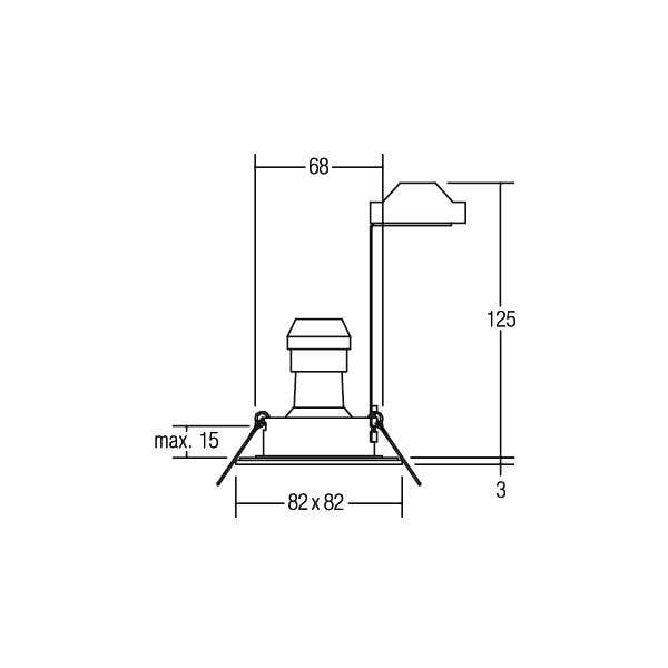 Disegno tecnico di un sistema di tubazioni con dimensioni in millimetri: larghezza 82x82, altezza 125, altezza massima 15. I dettagli mostrano i raccordi.