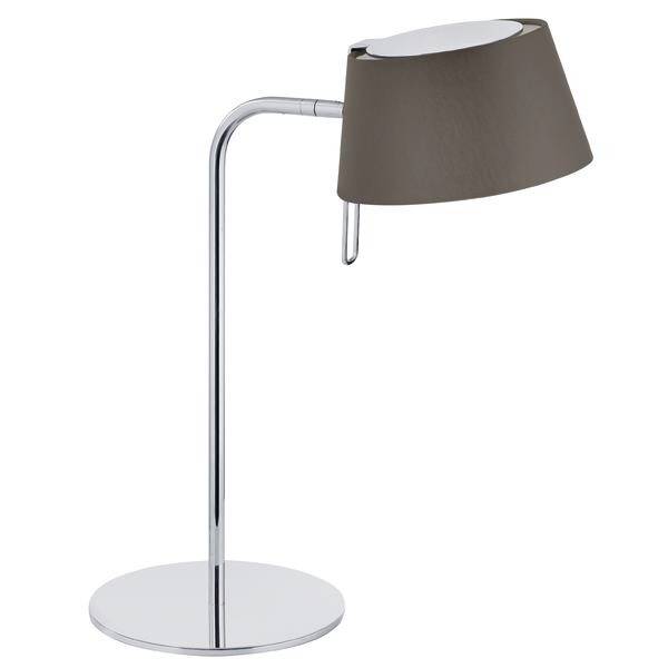 Una lampada da tavolo moderna con asta in metallo curva e paralume grigio scuro. Ideale per interni eleganti.
