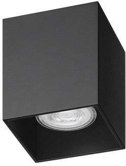 Plafoniera nera, rettangolare, con lampadina a vista. Design minimalista per interni moderni.
