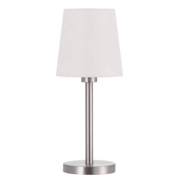 Lampada da tavolo bianca con base in metallo e design semplice e moderno. Ideale per soggiorno o camera da letto.