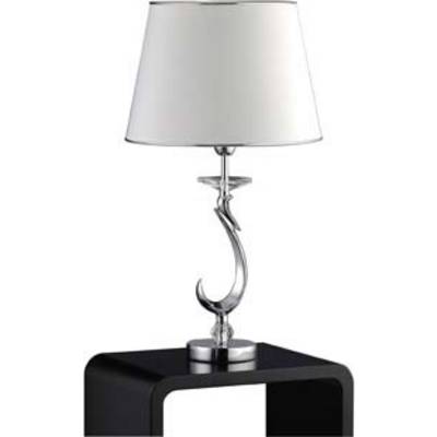 Una lampada da tavolo elegante con base curva color argento e paralume bianco è posizionata su un tavolo nero.