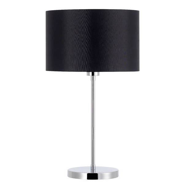 Una lampada da tavolo con paralume nero cilindrico e base in metallo argentato, poggiante su una base liscia e rotonda.