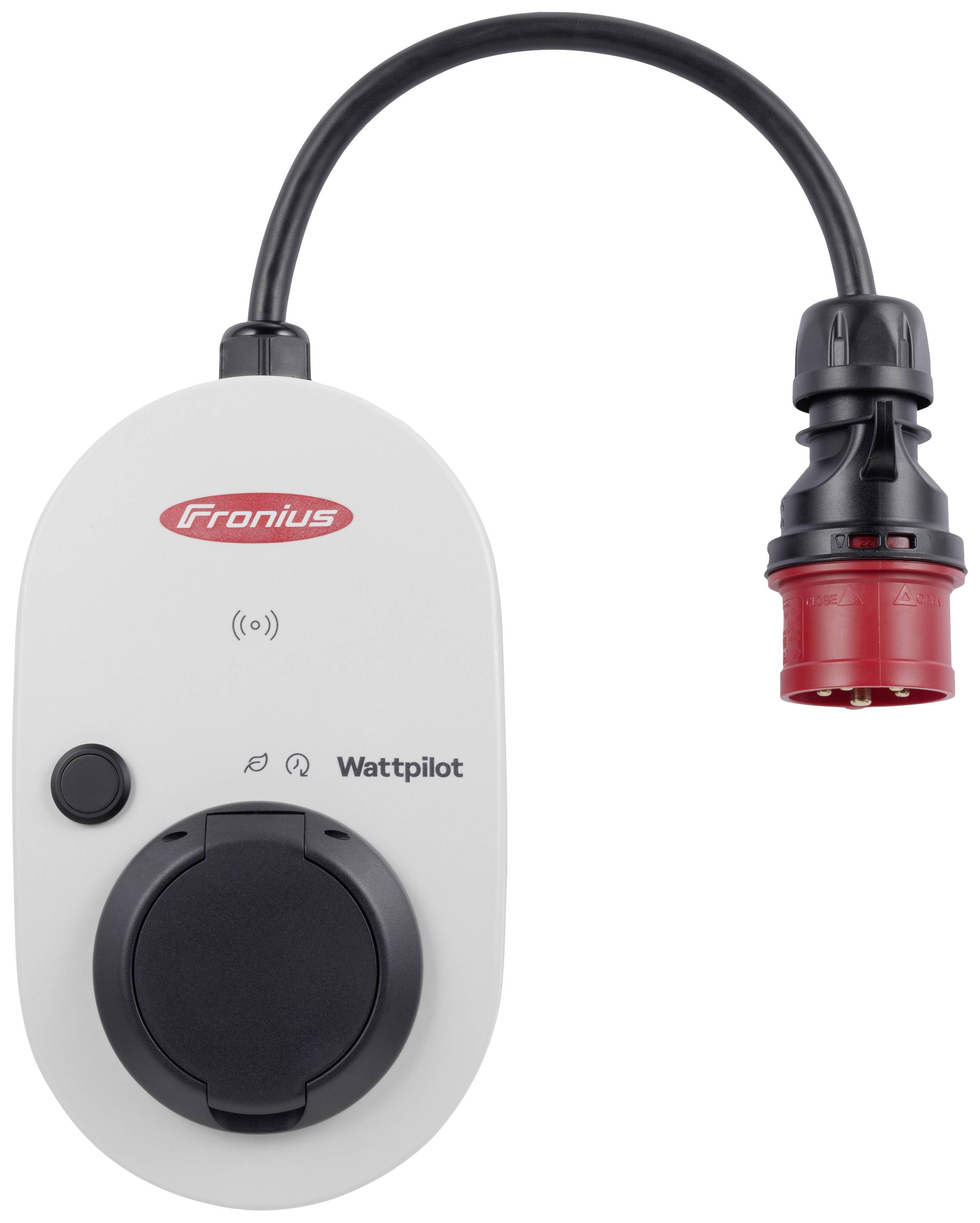 Una stazione di ricarica Fronius Wattpilot con spina rossa, utilizzata per la ricarica di veicoli elettrici.
