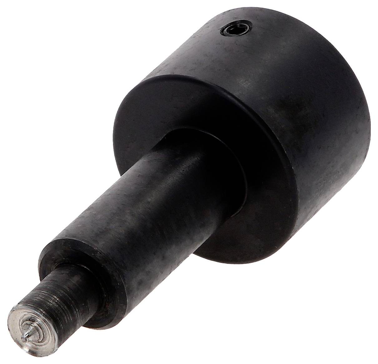 Adattatore metallico cilindrico nero con punta filettata, mostrato isolato su sfondo bianco.