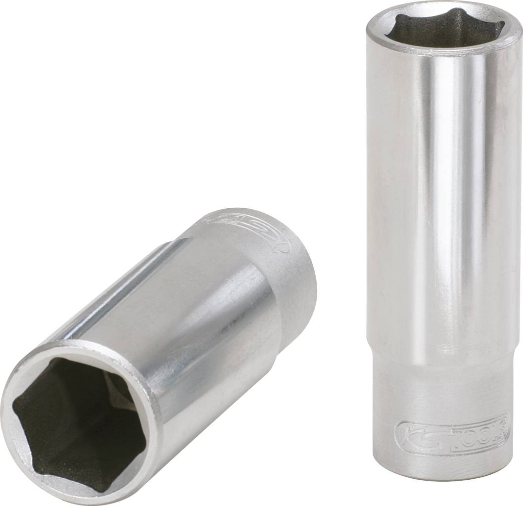 Due inserti per chiave a cricchetto in argento metallici. Uno è sdraiato, l'altro è in posizione verticale. Entrambi mostrano l'apertura esagonale.