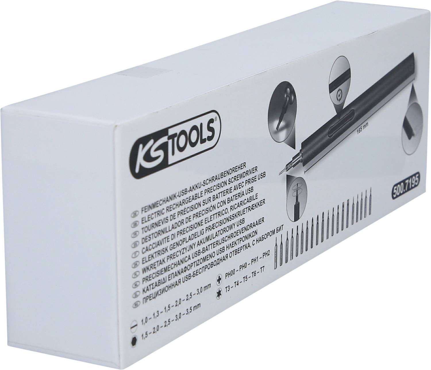 Confezione di un cacciavite avvitatore elettrico di precisione KS Tools con diverse dimensioni di bit, ideale per lavori di precisione.